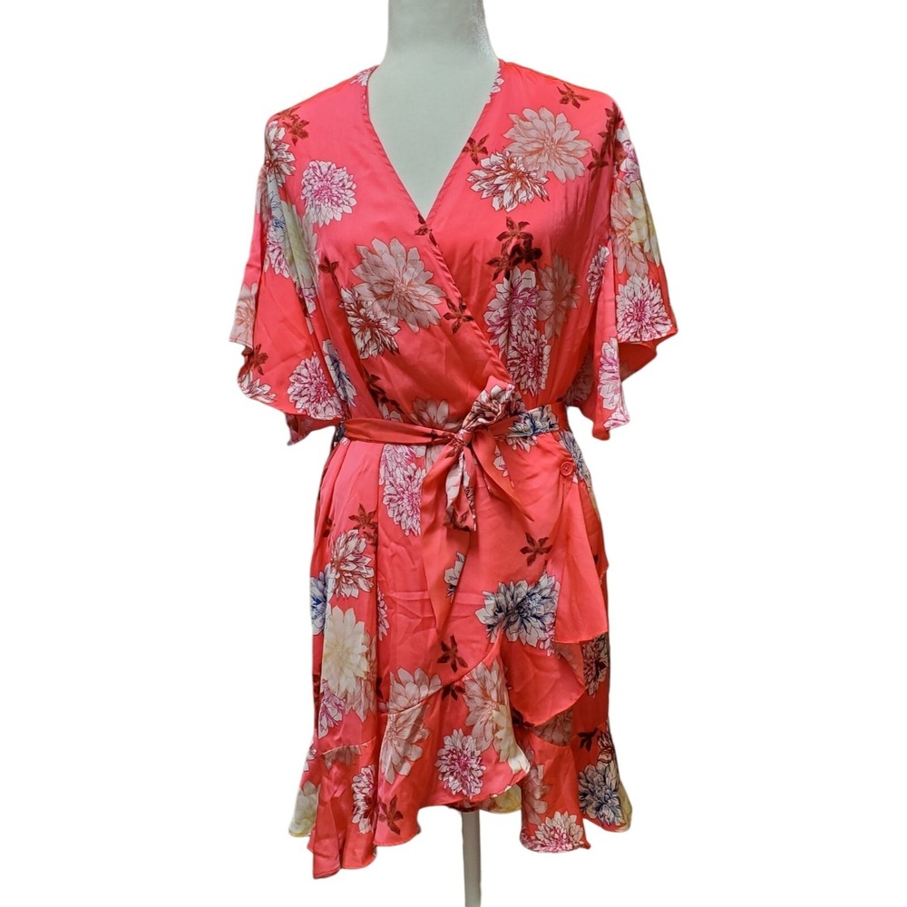 NWT BB Dakota Women's Kristen Floral Mini Wrap Dress Size M Bright Pink Ruffle